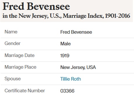Frederick Bevensee and Tillie Roth Marriage Index