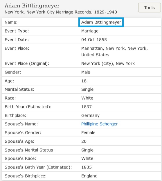 Adam Bittlingmeier and Phillipina Scherzer Marriage Index