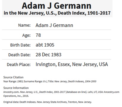 Adam J. Germann Death Index