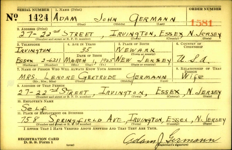 Adam John Germann WW2 Draft Registration