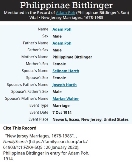 Adam Poh Jr. and Selma Harth Marriage Record