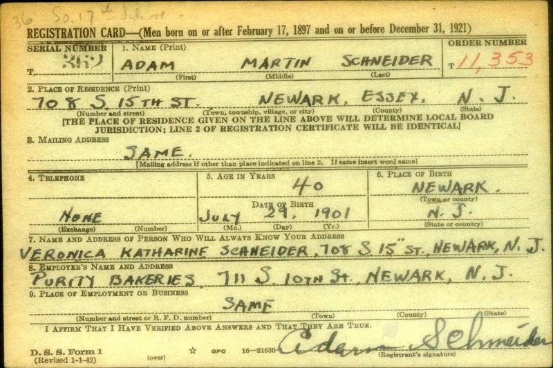 Adam M. Schneider World War II Draft Registration