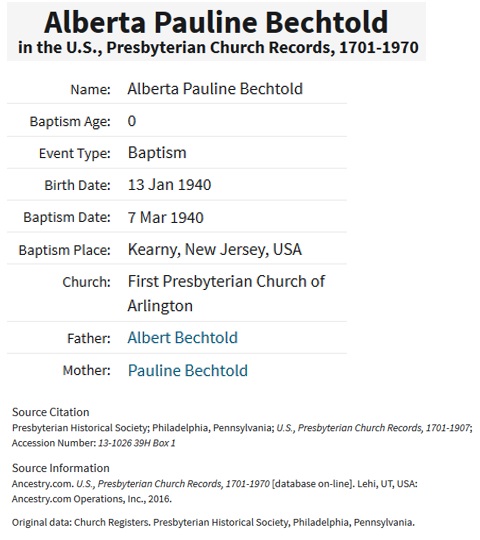 Alberta Pauline Bechtold Birth Index