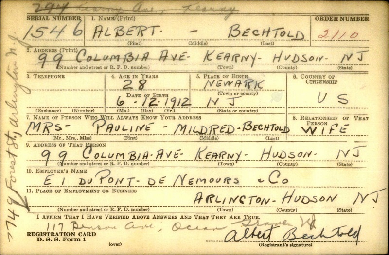 Albert Bechtold World War II Draft Registration