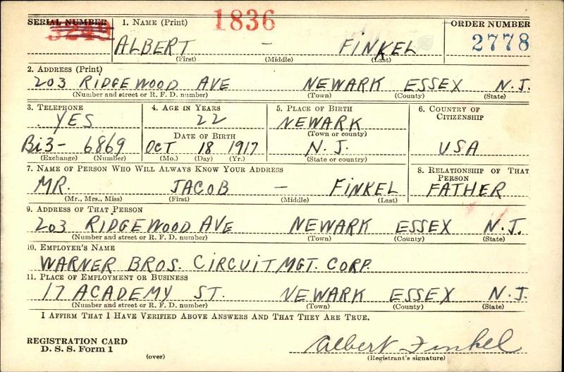 Albert Finkel's World War II Draft Registration