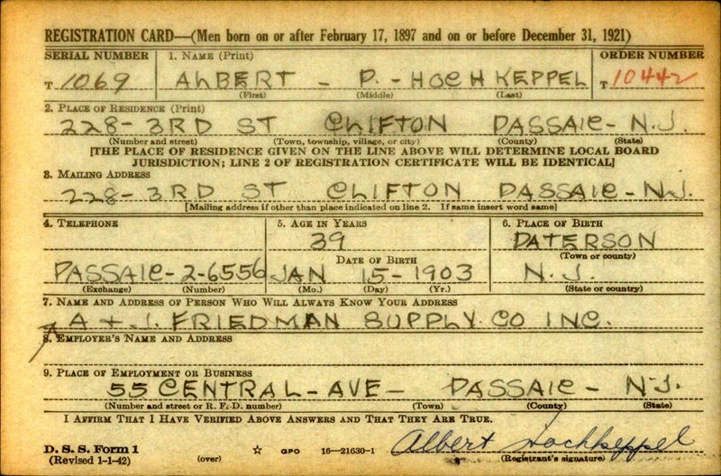 Albert P. Hochkeppel WW2 Draft Registration