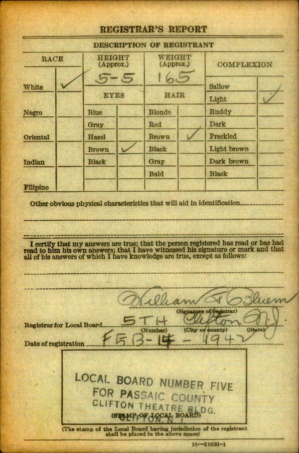 Albert P. Hochkeppel WW2 Draft Registration