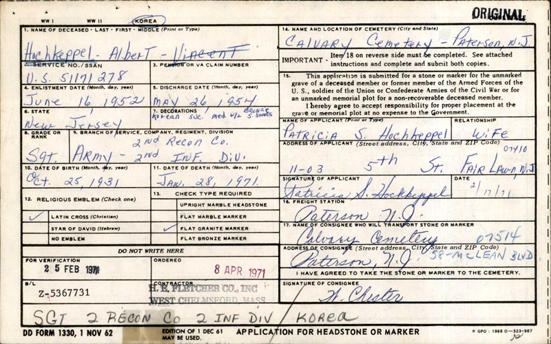 Albert V. Hochkeppel Military Service Record