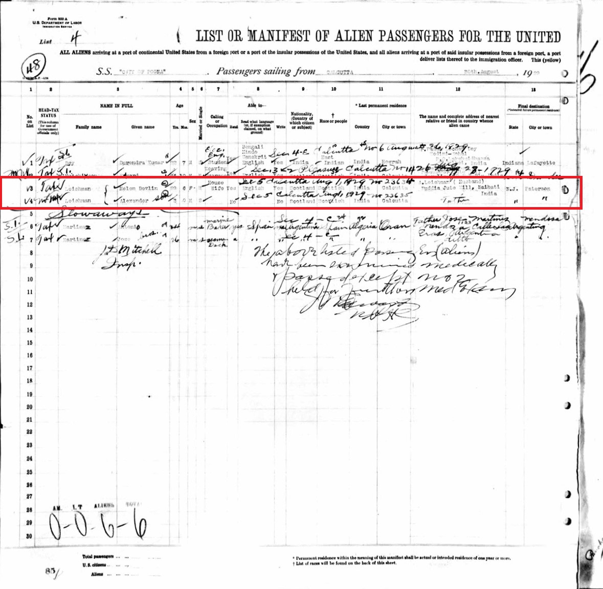 Alexander T. Leishman Immigration Record