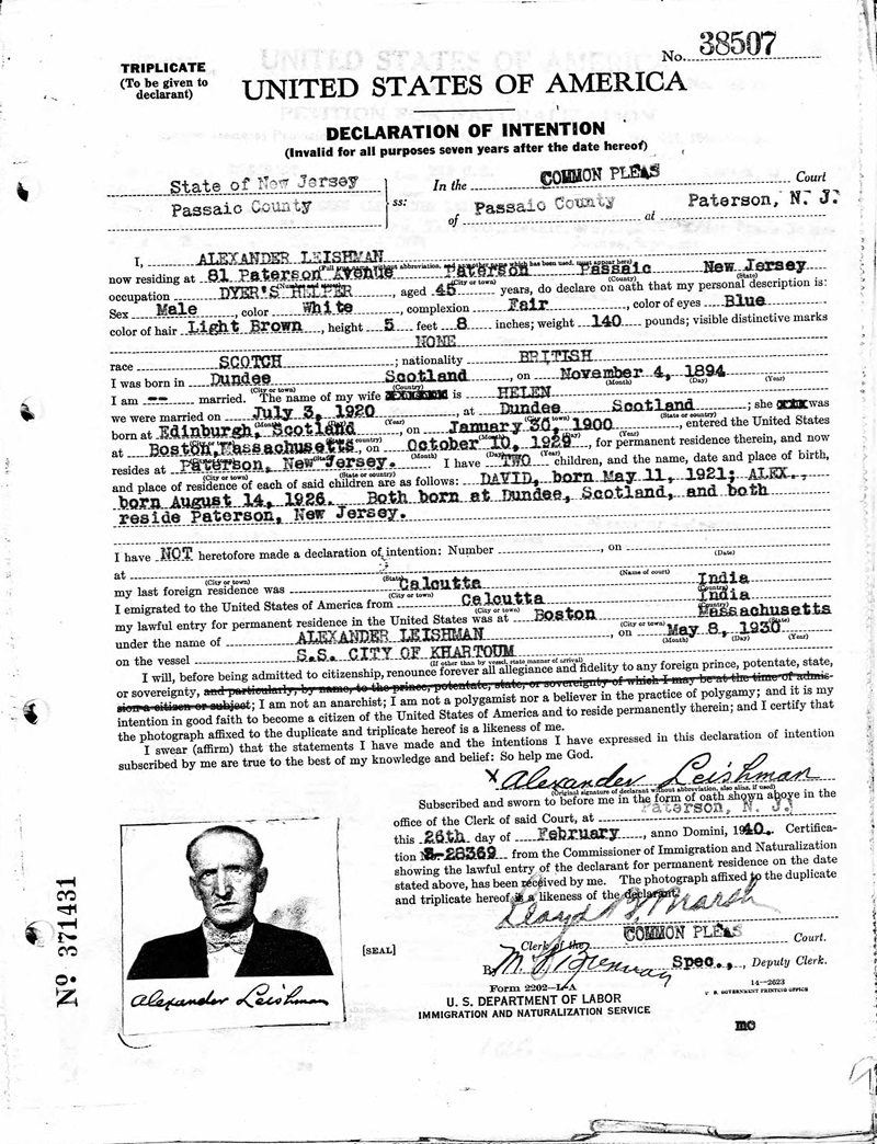 Alexander T. Leishman Sr. Naturalization Records