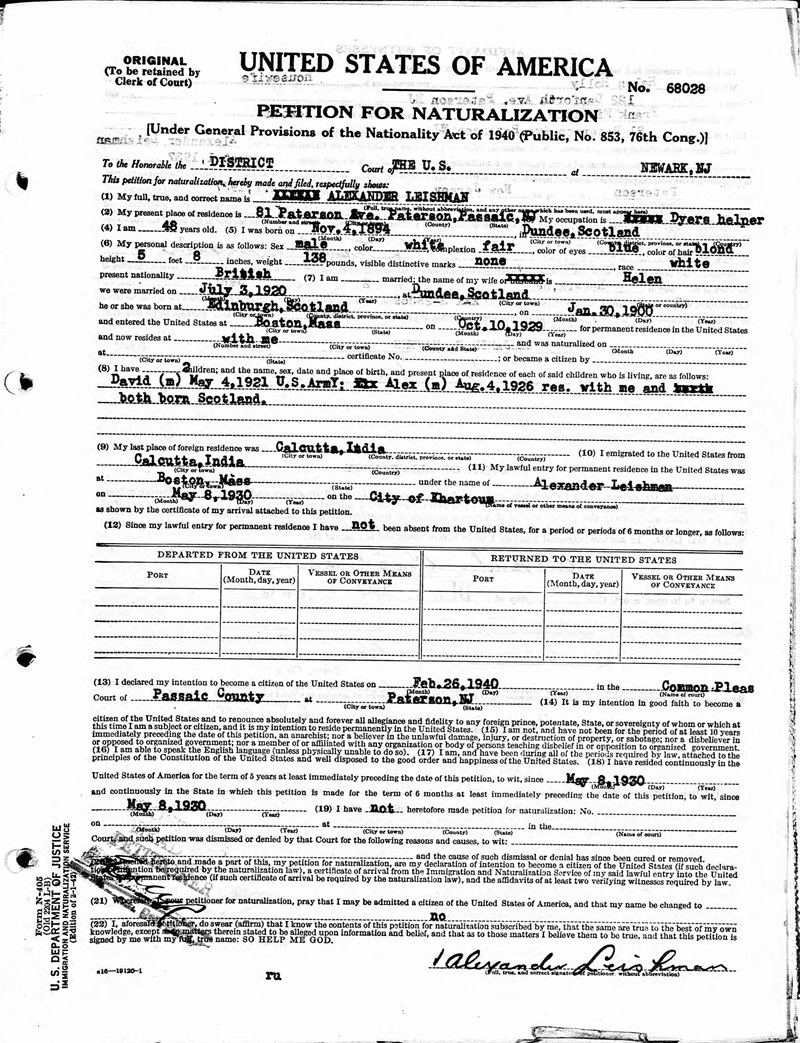 Alexander T. Leishman Sr. Naturalization Records