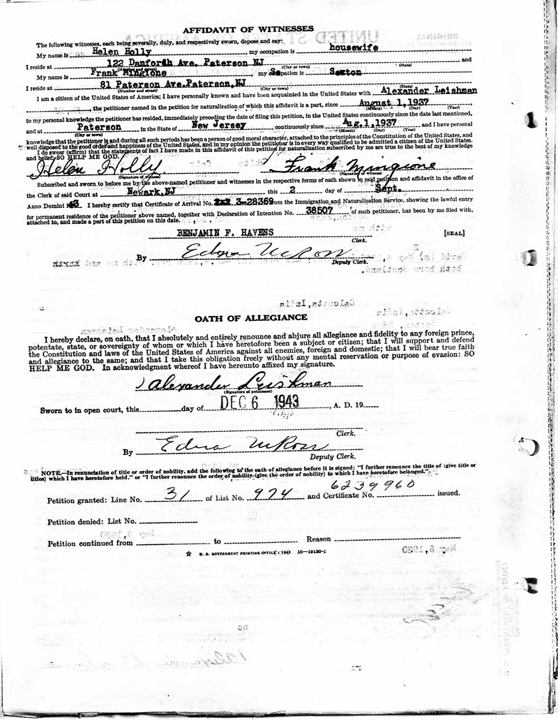 Alexander T. Leishman Sr. Naturalization Records