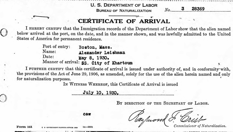 Alexander T. Leishman Sr. Immigration Record