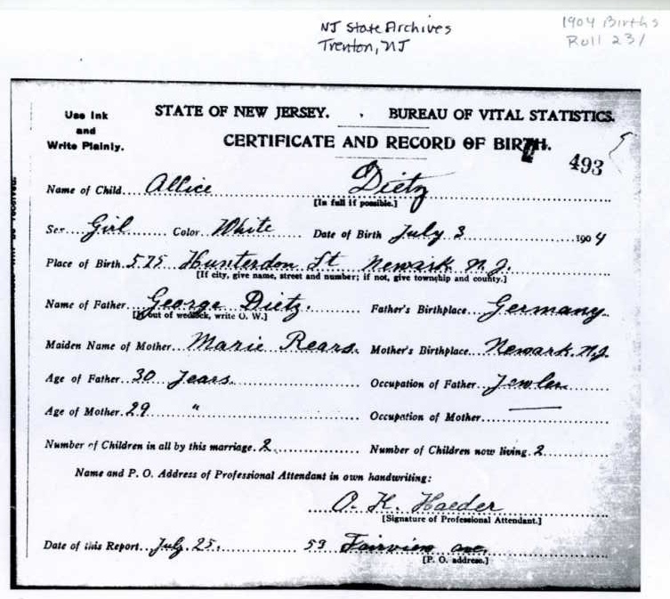 Alice E. Dietz Birth Certificate