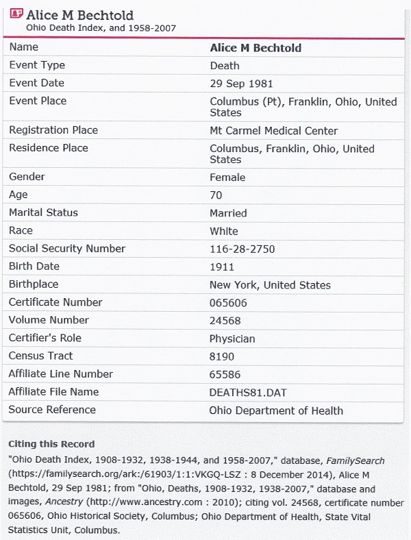 Alice M. Bechtold Death Index