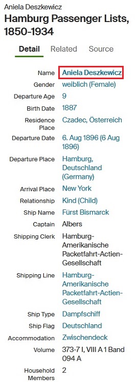 Aniela Mazurkiewicz Passenger List 1896