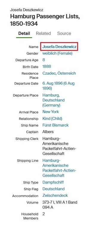 Aniela Mazurkiewicz Passenger List 1896