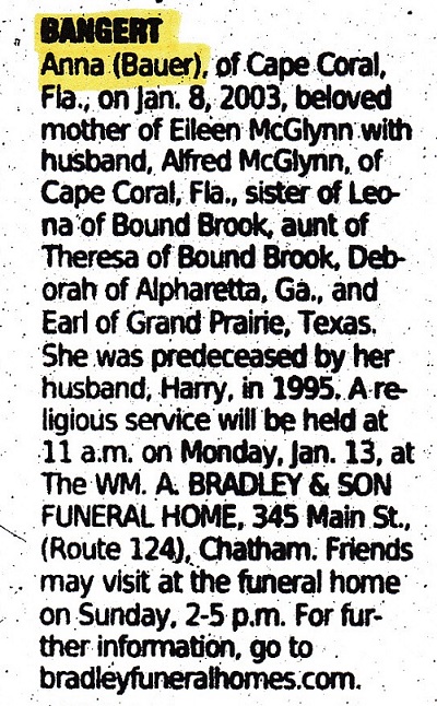Anna M. (Bauer) Bangert Obituary 1