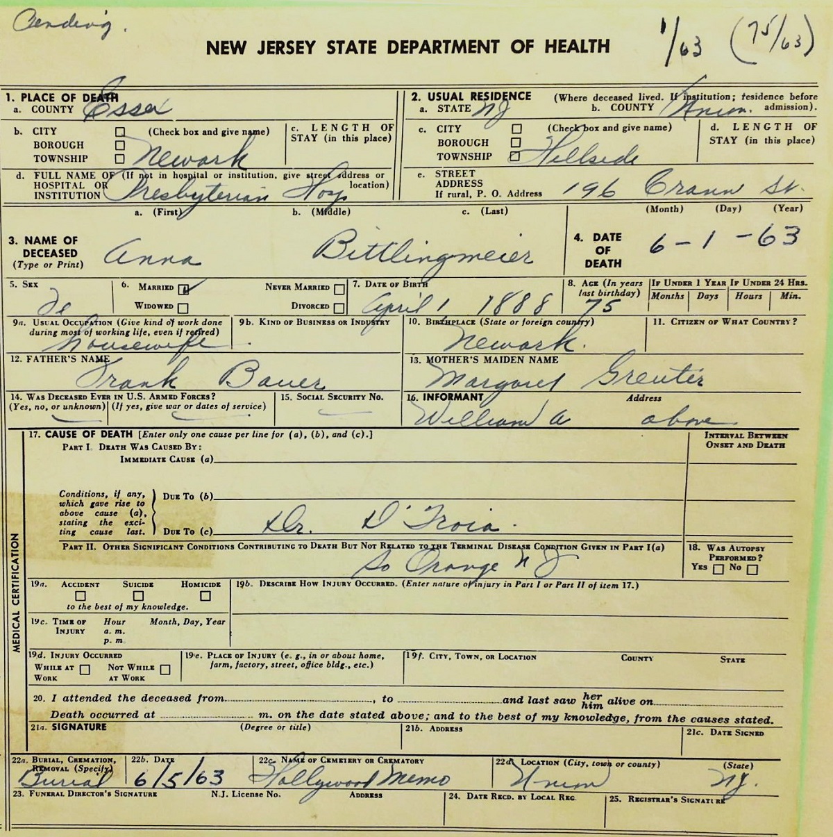 Anna Bauer Bittlingmeier Death Certificate