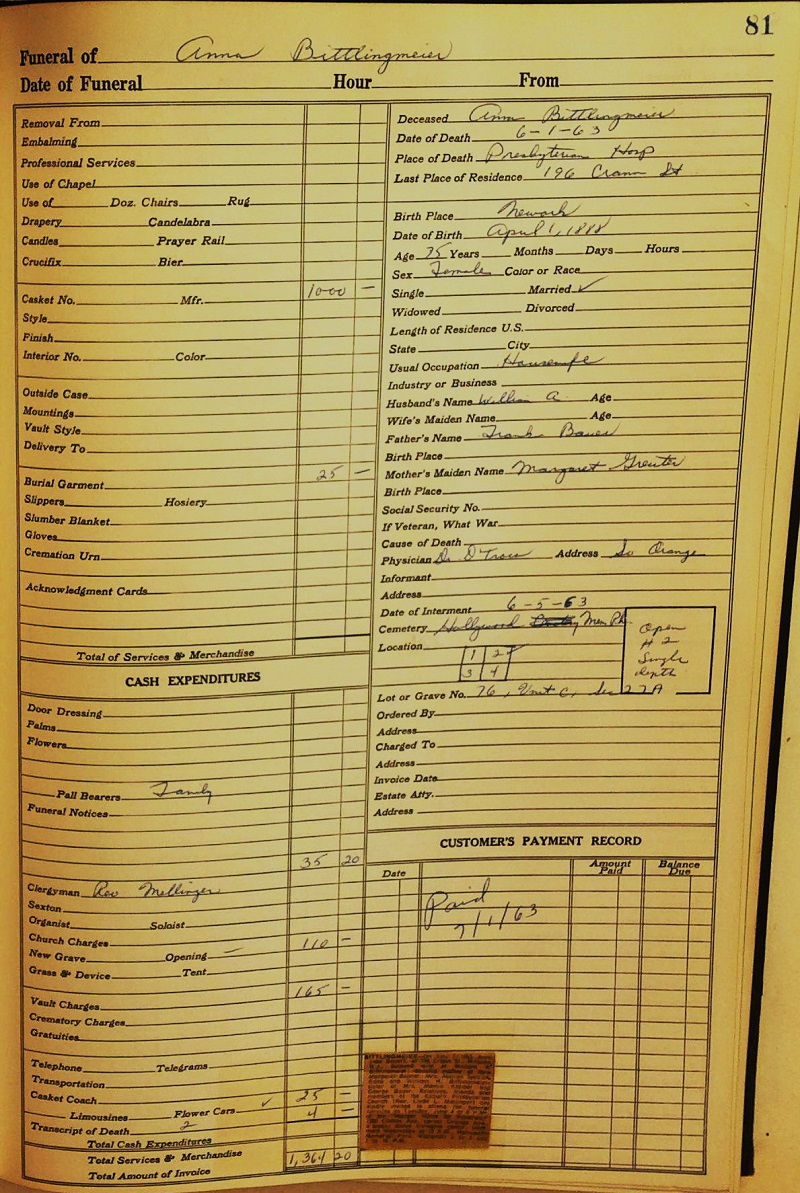 Anna Bauer Bittlingmeier Funeral Record