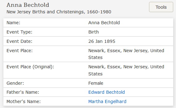 Anna C. Bechtold Birth Index