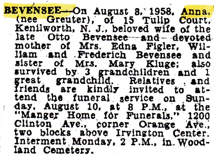 Anna (Greuter) Bevensee Obituary