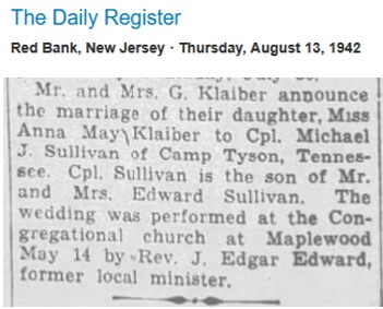 Anna May Klaiber and Michael Sullivan Marriage Record