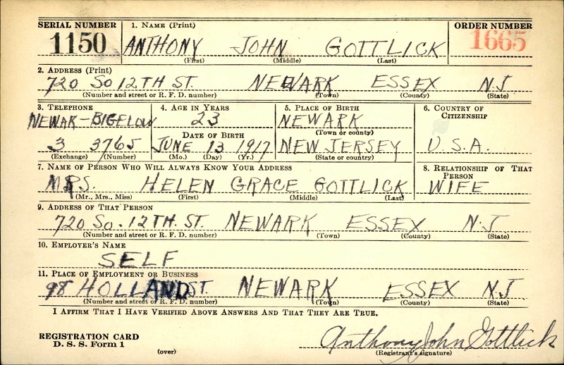 Anthony J. Gottlick WW2 Draft Registration