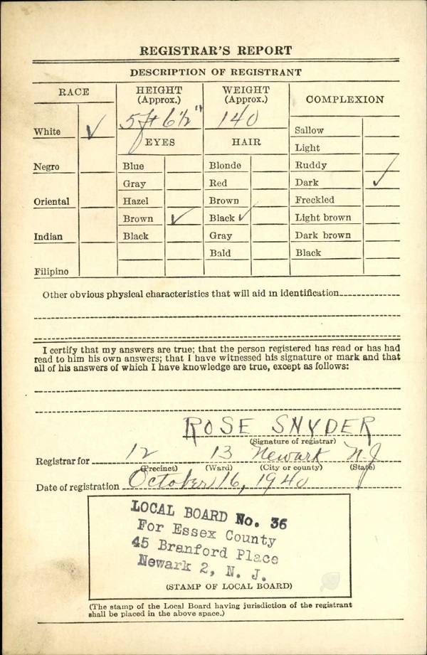 Anthony J. Gottlick WW2 Draft Registration
