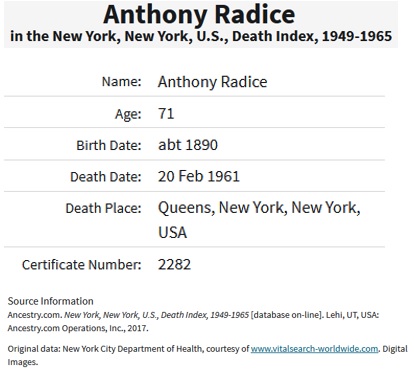 Anthony Joseph Radice Death Index