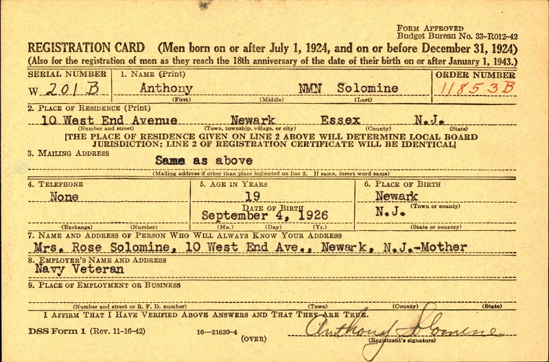 Anthony Solomine World War II Draft Registration