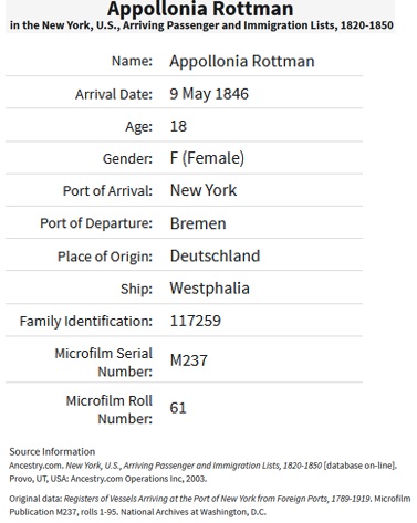 Apollonia Rothman Immigration Record