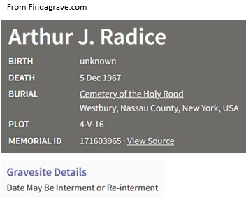 Arthur J. Radice Cemetery Record