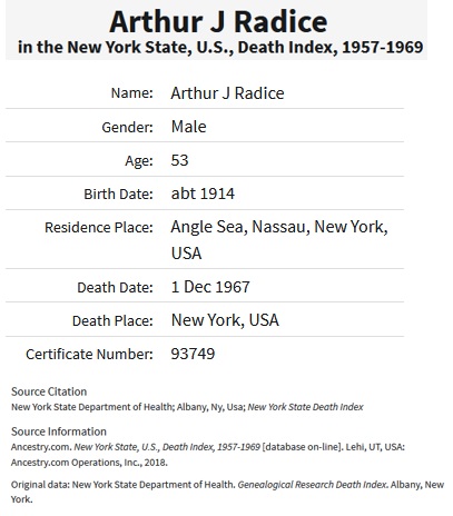 Arthur J. Radice Death Index