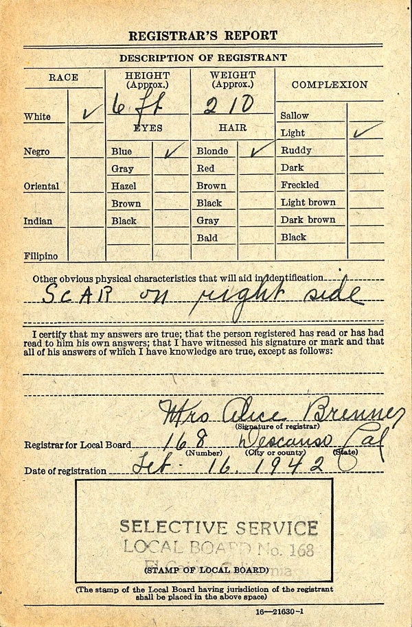Arthur William Kessler World War II Draft Registration