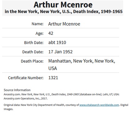 Arthur McEnroe Death Index