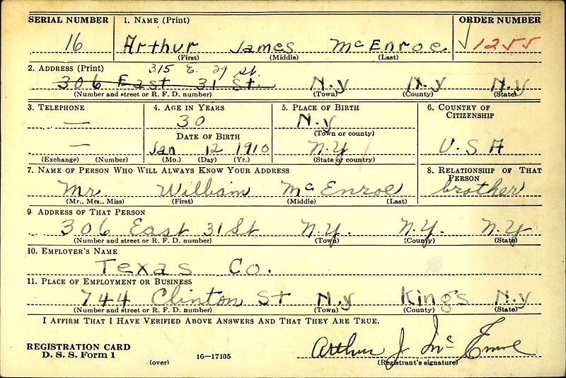 Arthur McEnroe WW2 Draft Registration
