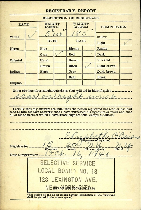 Arthur McEnroe WW2 Draft Registration