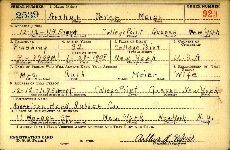 Arthur Meier WW2 Draft Registration