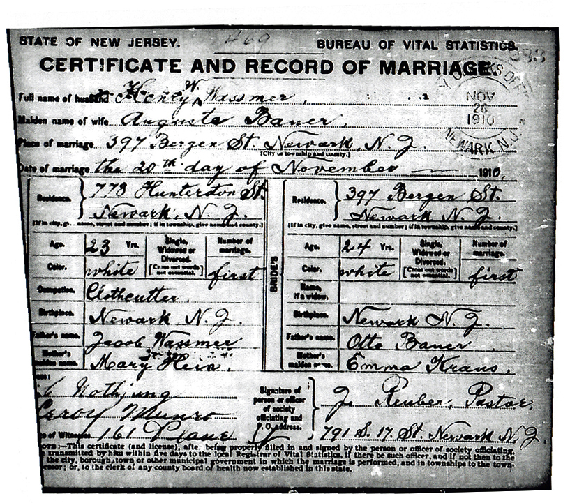 Augusta Bauer and Henry Wassmer Marriage