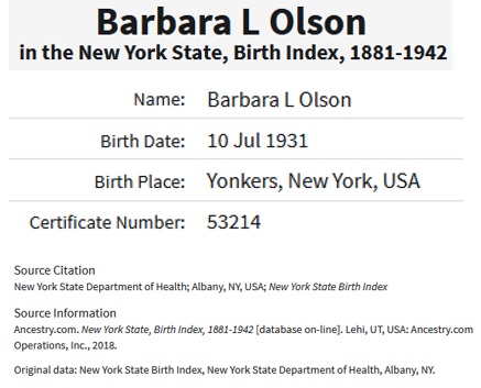 Barbara Louise Olson Birth Index