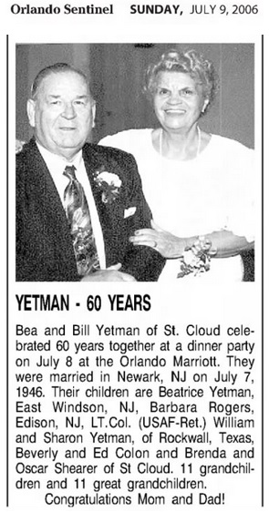 Beatrice Rears and William Yetman Marriage Record