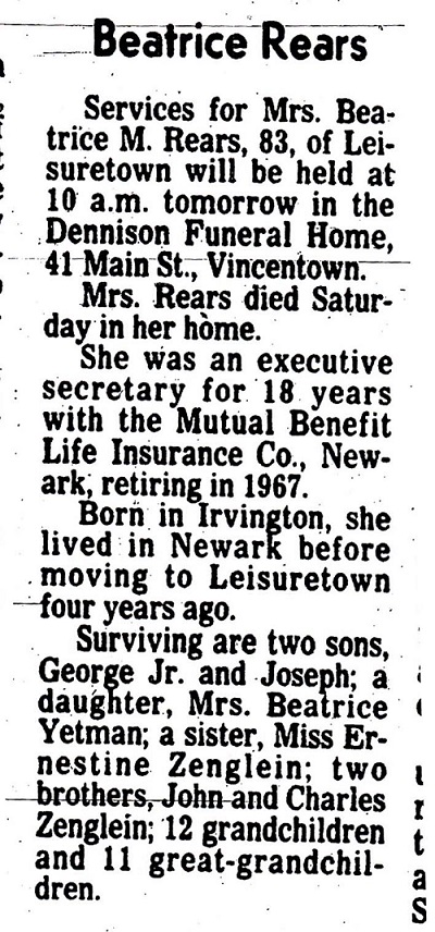 Beatrice Zenglein Rears Obituary