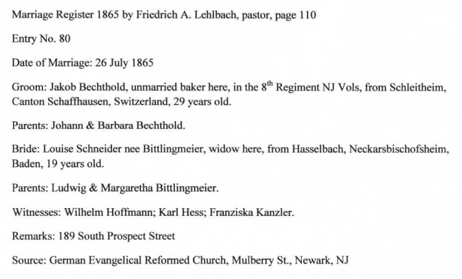 Louisa Schneider and Jacob Bechtold Marriage Record