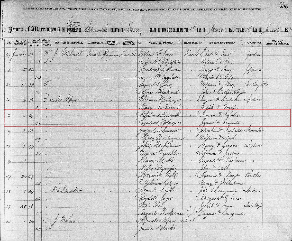 Stefan Bederski and Theodora Kulinski Marriage Index
