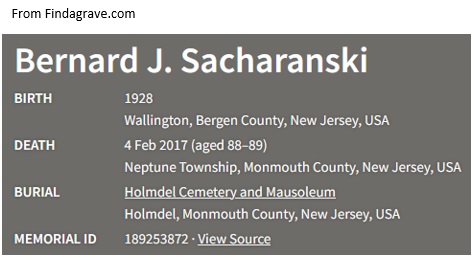 Bernard J. Sacharanski Cemetery Record