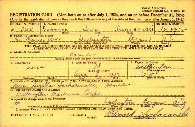 Bernard John Sacharanski WW2 Draft Registration