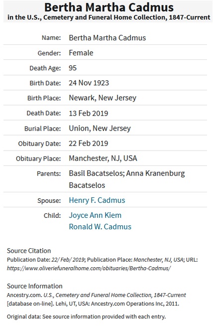 Bertha M. Bacatselos Cadmus Death Record