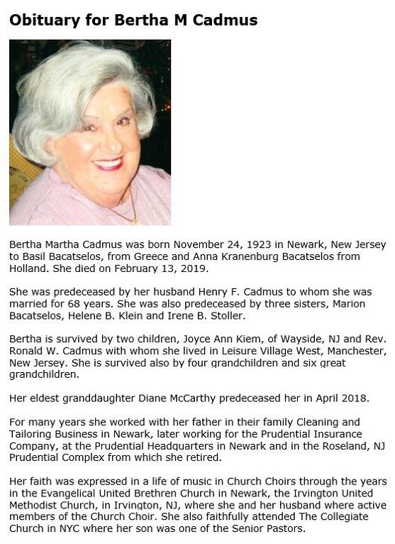 Bertha M. Bacatselos Cadmus Obituary