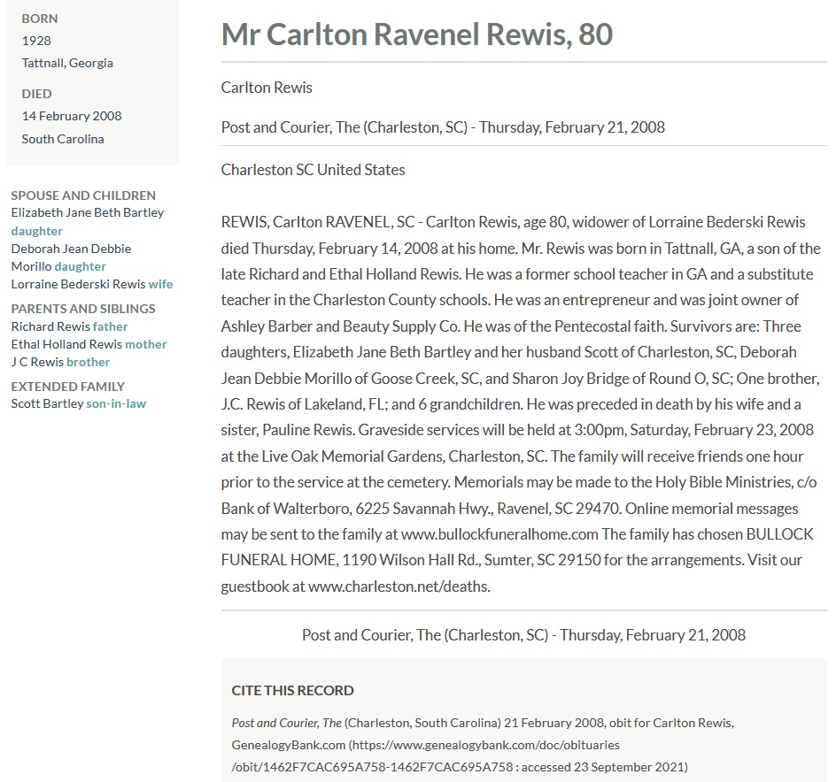 Carlton Ravenel Rewis Obituary
